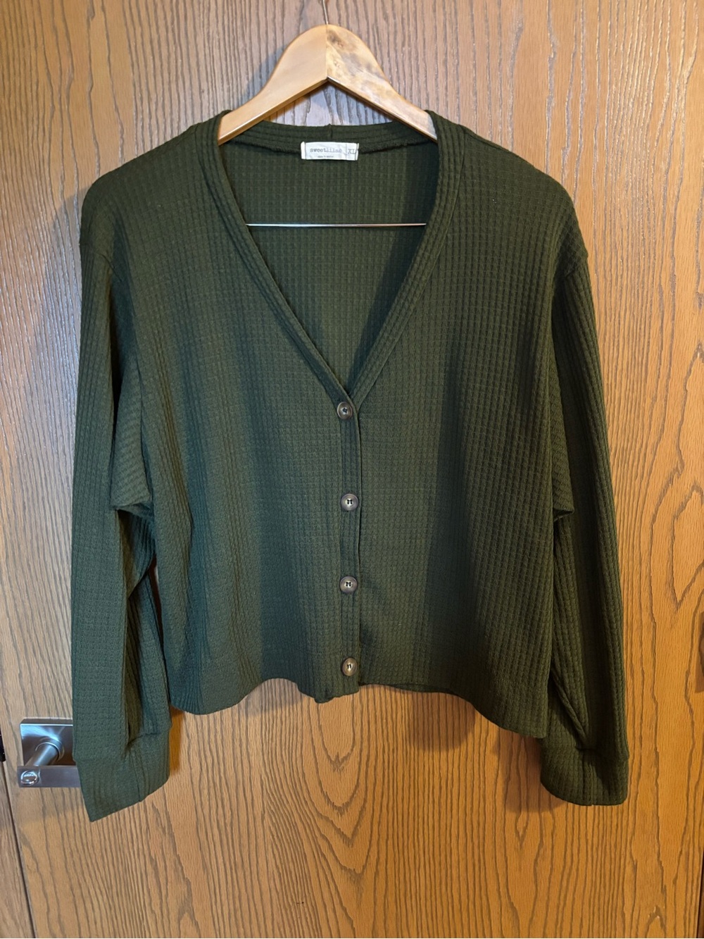 Dark Olive Waffle-Knit V-Neck Cropped Cardigan size XL